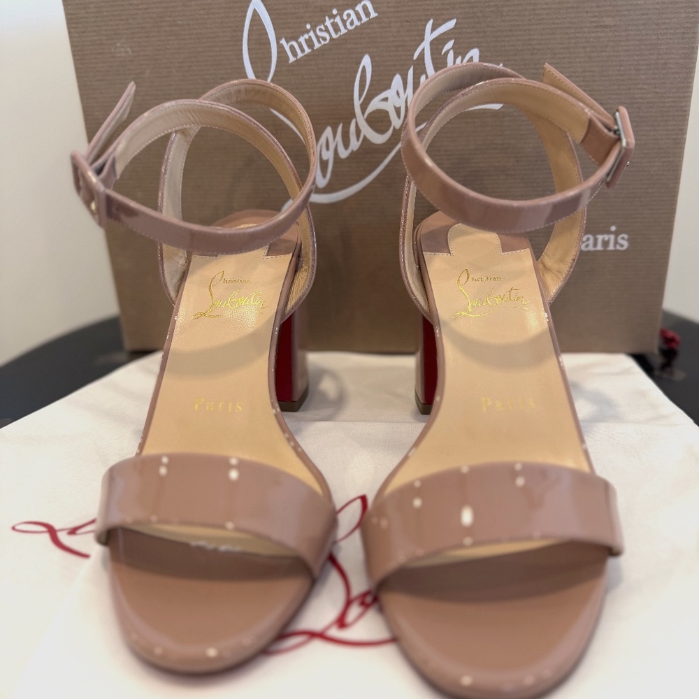 Christian Louboutin Miss Sabina 85 Nude Ankle Strap Sandal Block Heel 36.5 NIB